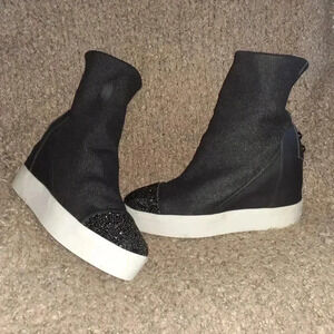 ALEXANDER SMITH-Glitter Toe Sock Booties-Black Leather-Sz 39-8.5-Excellent